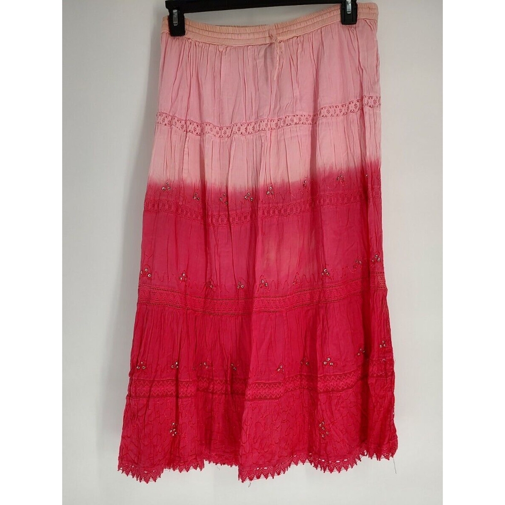 CariLoha Women's Pink Tiered Maxi Skirt Size M Lined Lace Sequins Embroidery NEW